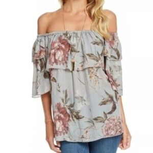 NEW‎ Chaser Heirloom Floral Gauze Off-The-Shoulder Elbow Sleeve Blouse, Size S